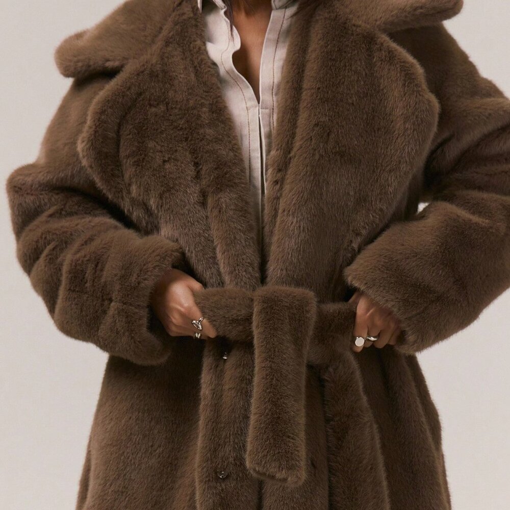 Coffee Brown Women's Elegant Oversized Loose Fit Belted Fuzzy Fur Maxi Coat - Picture 5 of 6